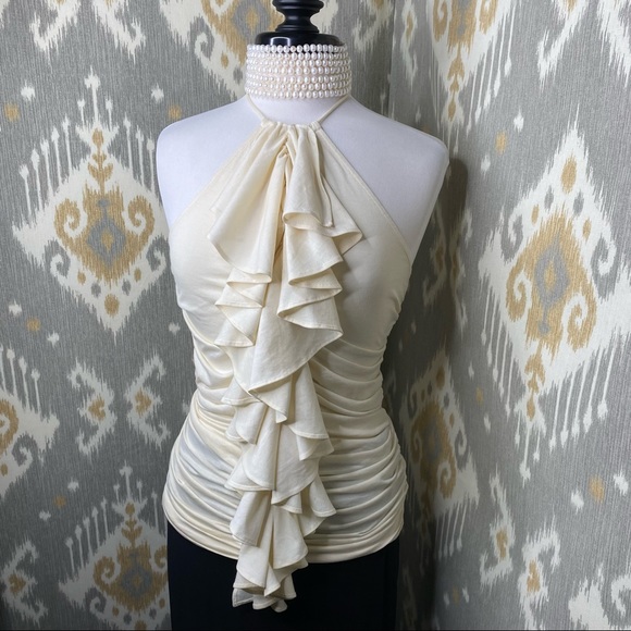 Rugby Ralph Lauren Cream Cotton Knit Ruffle Tank Top